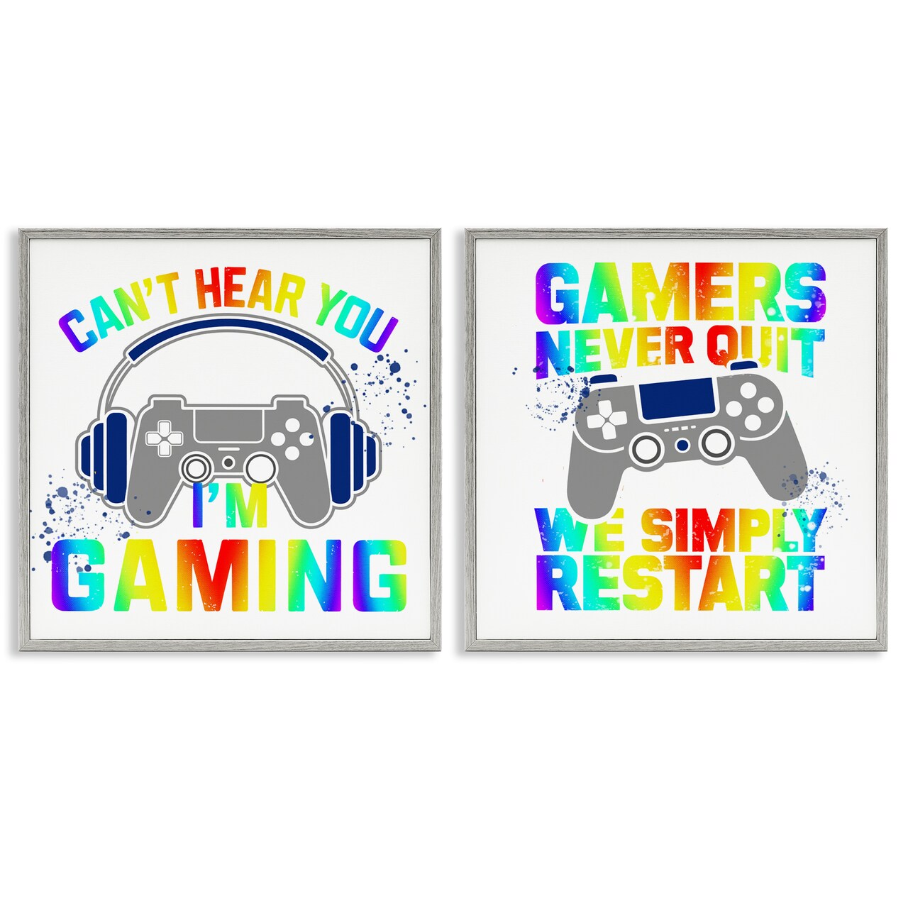 Stupell Industries Rainbow Retro Gaming Phrases 2pc Framed Giclee Set, design by Kim Allen